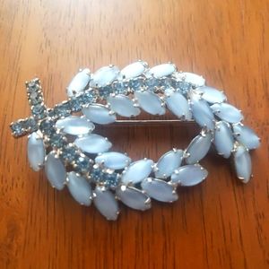Stunning Vintage Milk Glass with Blue Rhinestone Brooch